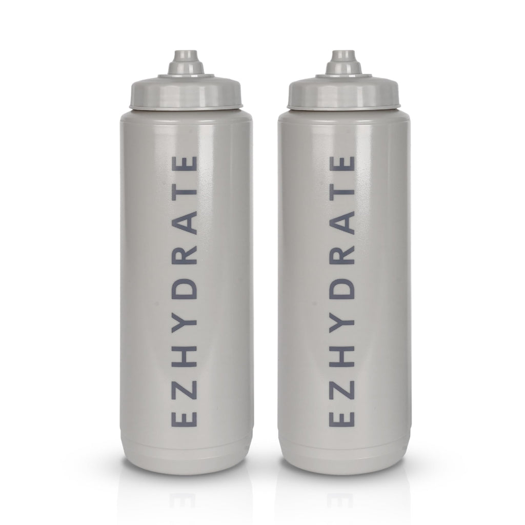 Ezhydrate 2 Pack Grey + Grey 32oz Squeeze Water Bottles - Sports Water Bottles For Football Hockey - Reusable Squirt Bottle Set BPA-Free Perfect for Gym Travel Bike & Cycling Water Bottle